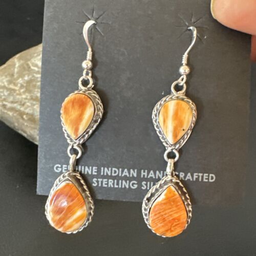 Navajo Orange Spiny Oyster Dangle Earrings | Sterling Silver | 1.5" | Authentic Native American Handmade | 16564