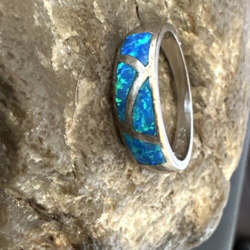 Navajo Blue Opal Inlay Ring | Sterling Silver | Sz 8 | Authentic Native American Handmade | 17155