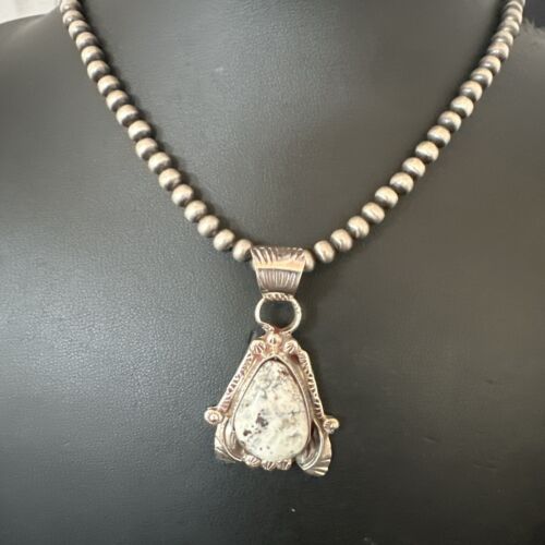 Men's White Buffalo Turquoise Pendant Necklace | Navajo Pearls | Sterling Silver | Native American Handmade | 17330