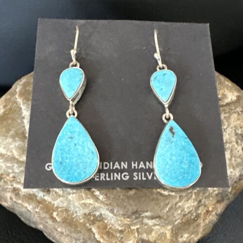 Navajo Blue Kingman Turquoise Dangle Earrings | Sterling Silver | Authentic Native American Handmade | 15110