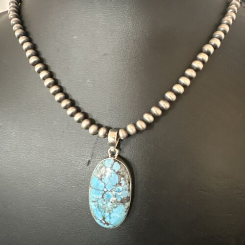 Navajo Blue Spiderweb Turquoise Pendant Necklace | Sterling Silver | Authentic Native American Handmade | 17026