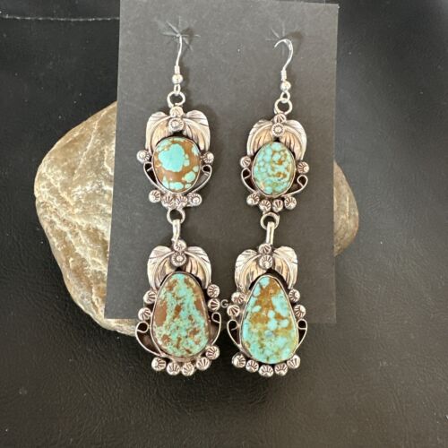 Navajo Blue Turquoise #8 Dangle Earrings | Sterling Silver | Authentic Native American Handmade | 16908