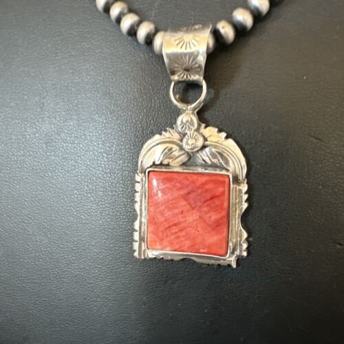 Navajo Red Spiny Oyster Pendant Necklace | Sterling Silver | Authentic Native American Handmade | 16148
