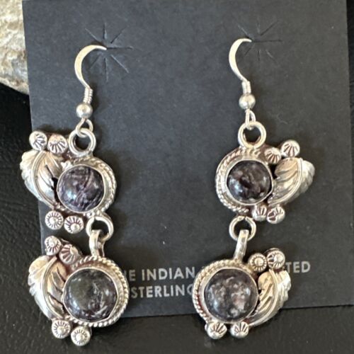 Navajo Purple Sugilite Dangle Earrings | Sterling Silver | 2" | Authentic Native American Handmade | 15693