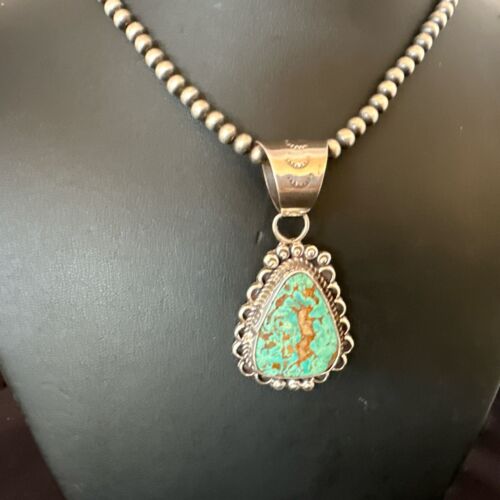 Women's Royston Turquoise Pendant Necklace | Navajo Pearls | Sterling Silver | Authentic Native American Handmade | 17062