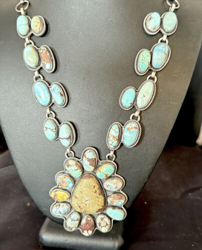 Navajo Blue Golden Hills Turquoise Lariat Necklace Pendant | Sterling Silver | Native American Handmade | 16182
