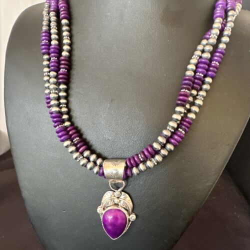 Navajo Sugilite Bead Necklace Set | 3 Strands | Sterling Silver | 21" | Authentic Native American Handmade | 16792