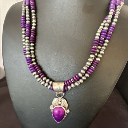 Navajo Sugilite Bead Necklace Set | 3 Strands | Sterling Silver | 21" | Authentic Native American Handmade | 16792