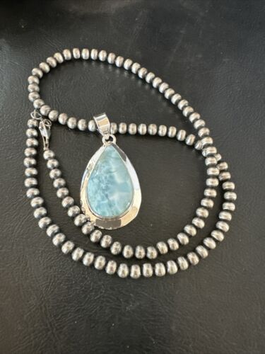 Navajo Blue Larimar Pendant Necklace | Sterling Silver Beads | Authentic Native American Handmade | 17603