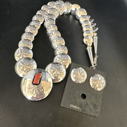Navajo Red Coral Graduated Necklace | Sterling Silver Pillow Stamped | 18" | Authentic Native American Handmade | 15129