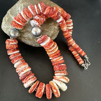 Navajo Red Spiny Oyster Graduated Necklace | Sterling Silver | Authentic Native American | 30" | 17405