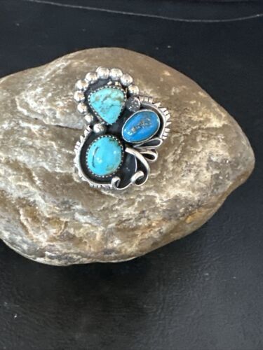 Navajo Blue Turquoise Cluster Ring | Authentic Native American Sterling Silver | Multi-Stone | Sz 8.5 | 14837