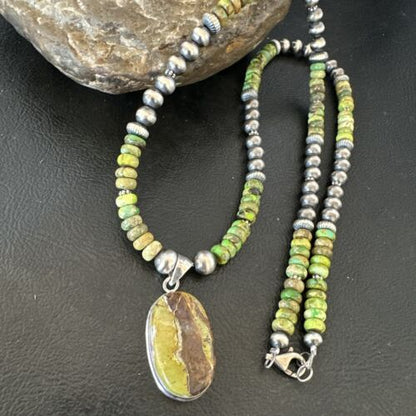 Navajo Green Turquoise Pendant Necklace | Sterling Silver | Authentic Native American Handmade | 16920