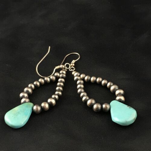 Navajo Blue Cluster Turquoise Dangle Earrings | Sterling Silver | 2" | Authentic Native American Handmade | 1983