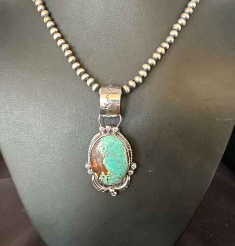 Men's Blue #8 Turquoise Pendant Necklace | Navajo Sterling Silver | Authentic Native American Handmade | 14975