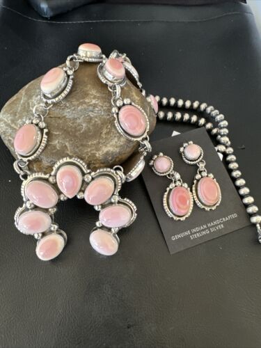 Navajo Pink Conch Squash Blossom Necklace with Naja Pendant | Authentic Native American Handmade | 15897