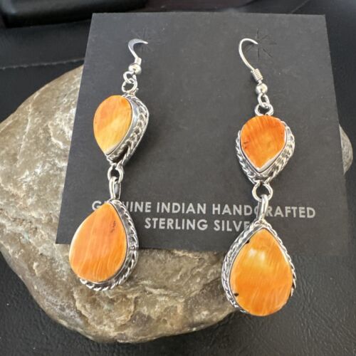Navajo Orange Spiny Oyster Dangle Earrings | Sterling Silver | 1.5" | Authentic Native American Handmade | 16561