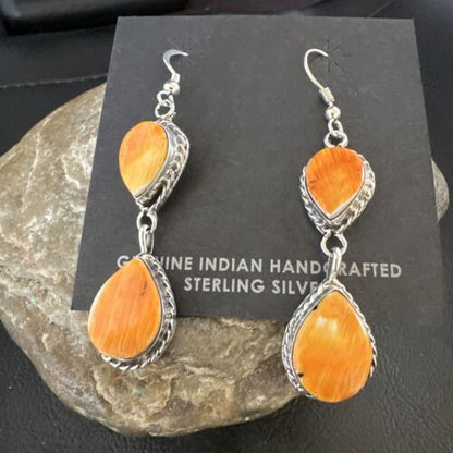 Navajo Orange Spiny Oyster Dangle Earrings | Sterling Silver | 1.5" | Authentic Native American Handmade | 16561