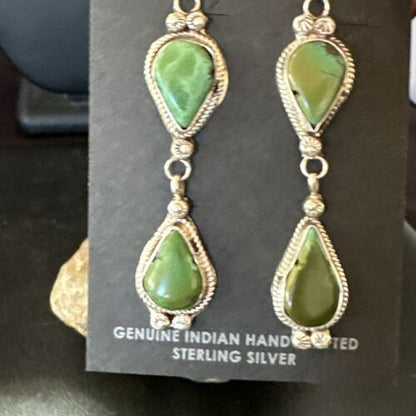 Navajo Green Royston Turquoise Dangle Earrings | Sterling Silver | Authentic Native American Handmade | 17142