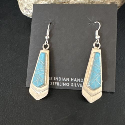 Navajo Blue Turquoise Inlay Earrings | Sterling Silver | Authentic Native American Handmade | 15269