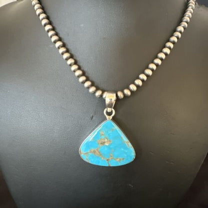 Navajo Blue Kingman Turquoise Pendant Necklace | Sterling Silver | 20" | Authentic Native American Handmade | 17002