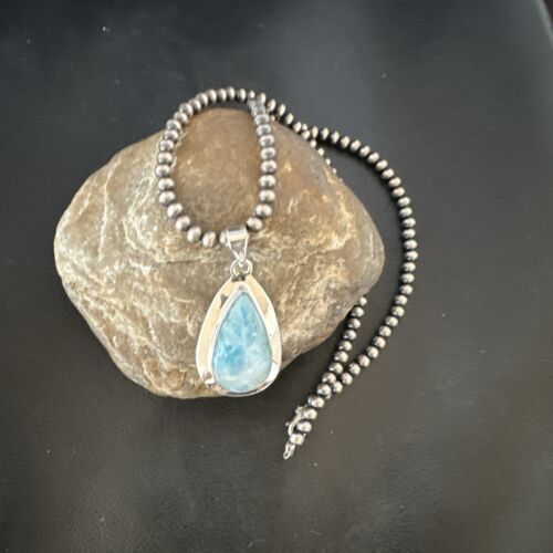 Navajo Blue Larimar Pendant Necklace | Sterling Silver Beads | Authentic Native American Handmade | 16962