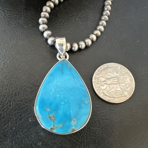 Navajo Blue Kingman Turquoise Pendant Necklace | Sterling Silver | 20" | Authentic Native American Handmade | 16725