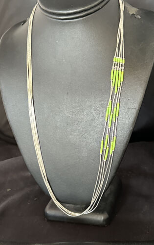 Navajo Green Gaspeite Heishi Bead Necklace | 5 Strand | Sterling Silver | 25" | 15133