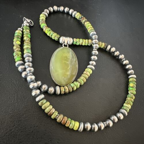Navajo Green Turquoise Pendant Necklace | Sterling Silver | Authentic Native American Handmade | 16919