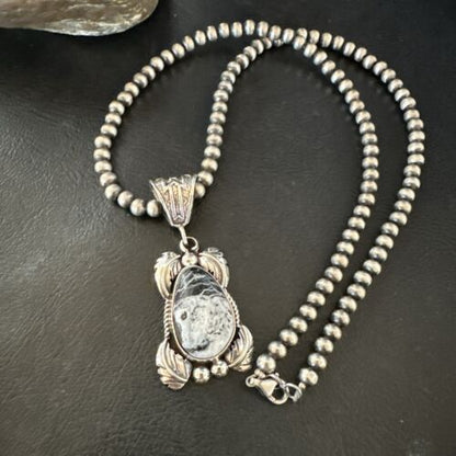 Navajo White Buffalo Turquoise Pendant Necklace | Sterling Silver | Authentic Native American Handmade | 17521