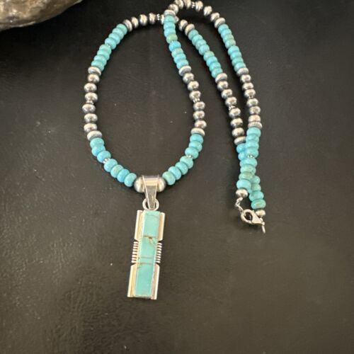 Navajo Blue Kingman Turquoise Inlay Pendant Necklace | Sterling Silver | 21" | Authentic Native American Handmade | 16930