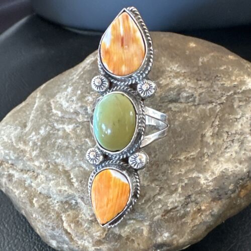 Navajo Green Turquoise Spiny Oyster Multi-Stone Ring | Authentic Native American Sterling Silver | Sz 10 | 16711