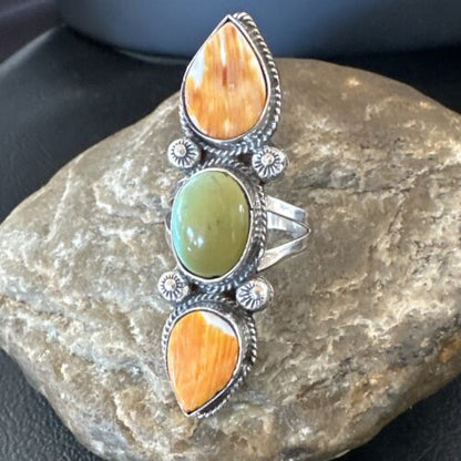 Navajo Green Turquoise Spiny Oyster Multi-Stone Ring | Authentic Native American Sterling Silver | Sz 10 | 16711