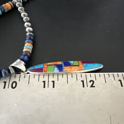 Navajo Spiny Oyster Turquoise Lapis Inlay Pendant Necklace | Sterling Silver | 21" | Authentic Native American Handmade | 16766