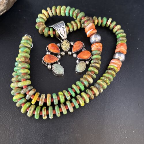 Navajo Turquoise & Spiny Naja Pendant Necklace | Sterling Silver | Native American Handmade | 14234