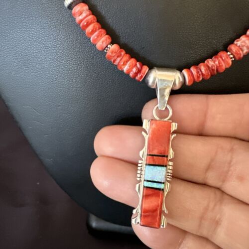 Navajo Red Spiny Oyster Opal Pendant Necklace | Sterling Silver Inlay | Authentic Native American Handmade | 16885