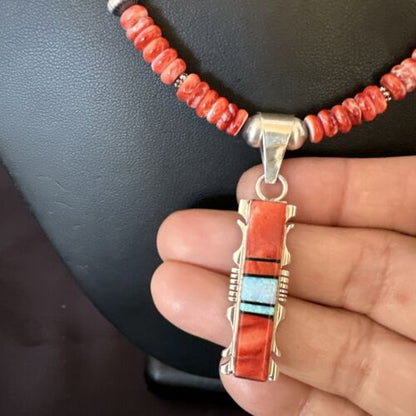 Navajo Red Spiny Oyster Opal Pendant Necklace | Sterling Silver Inlay | Authentic Native American Handmade | 16885