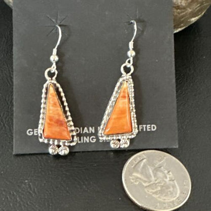 Navajo Orange Spiny Oyster Dangle Earrings | Sterling Silver | Authentic Native American Handmade | 17275