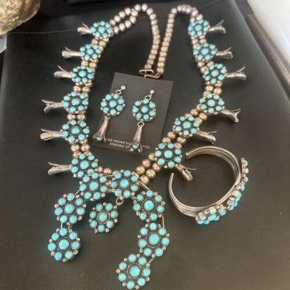 Ultra Rare Old Pawn Kingman Turquoise Squash Blossom Set | Necklace, Bracelet, Pendant, Earrings | Navajo | 15921