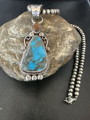 Navajo Blue Kingman Turquoise Wild Horse Pendant Necklace | Sterling Silver | Authentic Native American Handmade | 17222