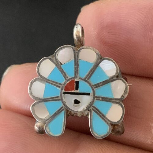 Zuni Sunface Pin Pendant | Turquoise, Mother of Pearl, Spiny Oyster | Sterling Silver | Native American Handmade | 01180