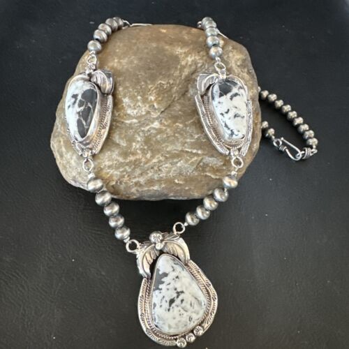 Navajo White Buffalo Turquoise Pendant Necklace | Sterling Silver | Authentic Native American Handmade | 15249