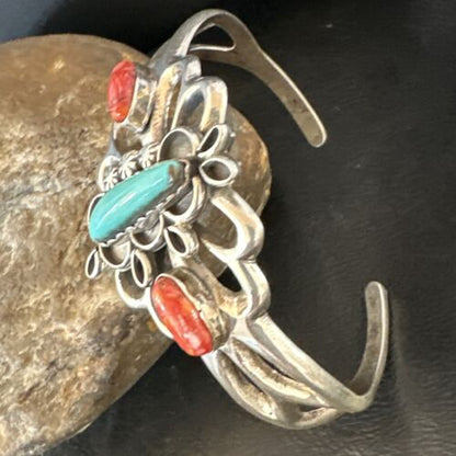 Navajo Kingman Turquoise Spiny Cuff Bracelet | Sterling Silver Tufa Cast | Authentic Native American Handmade | 16775