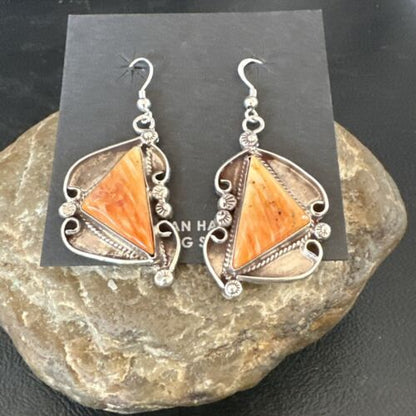Navajo Orange Spiny Oyster Dangle Earrings | Sterling Silver | Authentic Native American Handmade | 17271