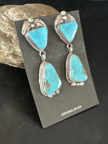 Kingman Turquoise Dangle Earrings | Navajo Handmade | Sterling Silver | Authentic Native American | 14877