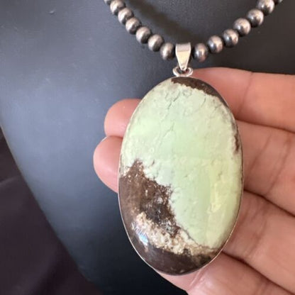 Navajo Green Gaspeite Pendant Necklace | Sterling Silver | Authentic Native American Handmade | 15486