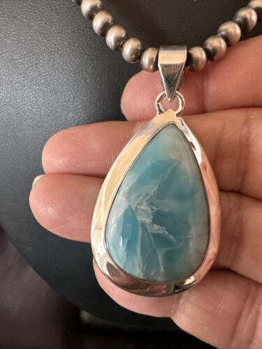 Navajo Blue Larimar Pendant Necklace | Sterling Silver Beads | Authentic Native American Handmade | 17604