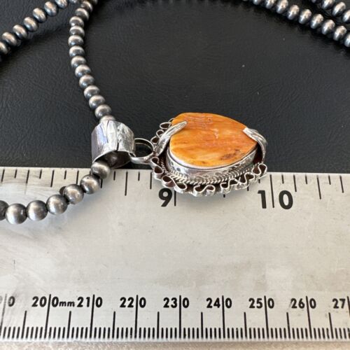 Navajo Orange Spiny Oyster Heart Pendant Necklace | Sterling Silver | Authentic Native American Handmade | 16295