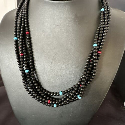 Navajo Black Onyx Turquoise Bead Necklace | Sterling Silver | 18" | Authentic Native American Handmade | 16821