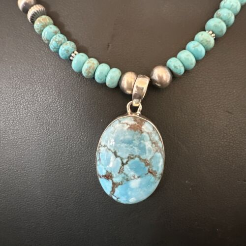 Navajo Blue Spiderweb Turquoise Pendant Necklace | Sterling Silver | Authentic Native American Handmade | 17080